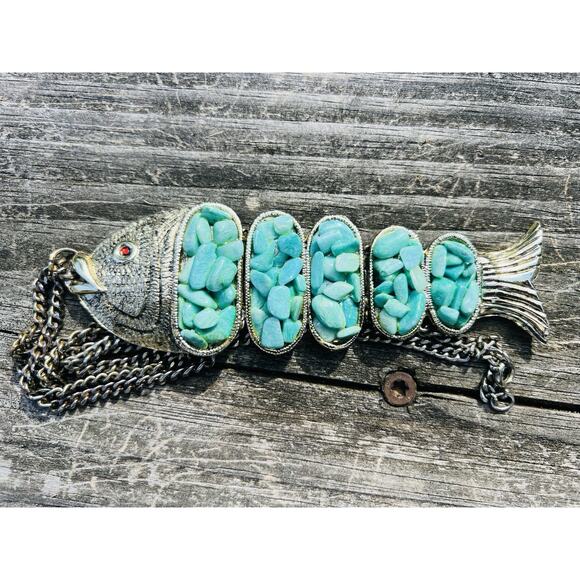 Vintage Turquoise Stone Red Eye Fish Pendant 5” Reticulated & Chain - Picture 1 of 8